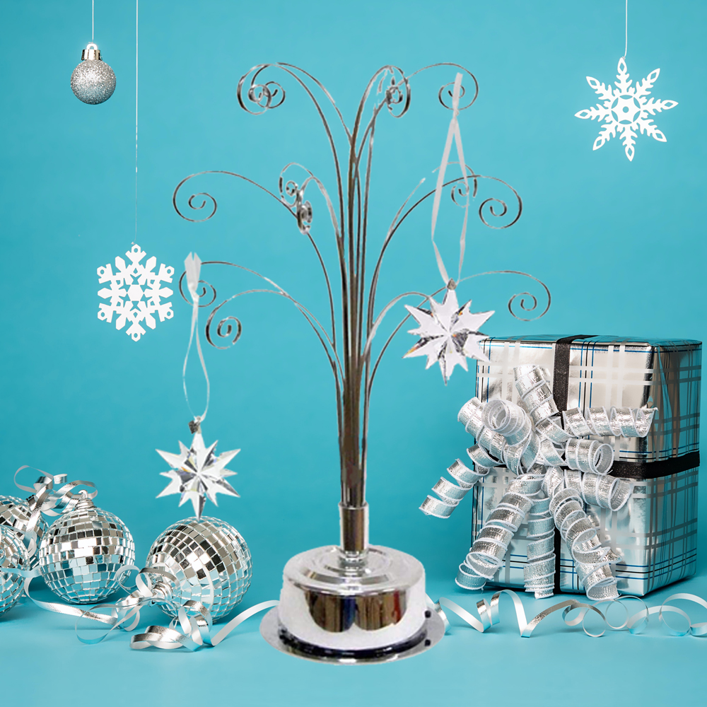 HOHIYA 16.75 Inch Mini Rotating Ornament Display Tre, 3-Tier Metal Stand with 15 Hooks Small Tabletop Christmas Tree for Jewelry Charms and Keepsakes Silver Chrome
